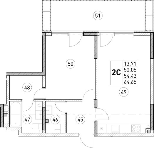 1-комн., 50.05 м²