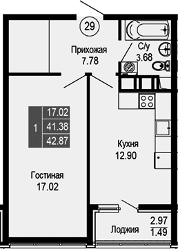 1-комн., 41.38 м²