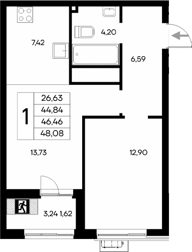 1-комн., 44.84 м²