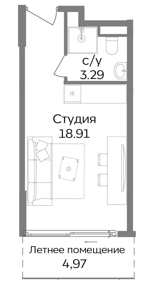 Студия, 22.2 м²