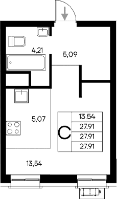 Студия, 27.91 м²