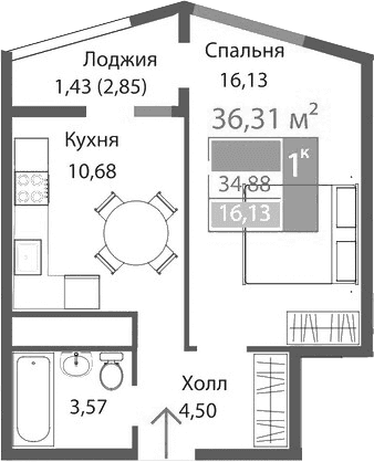 1-комн., 34.88 м²