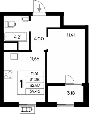 1-комн., 31.28 м²