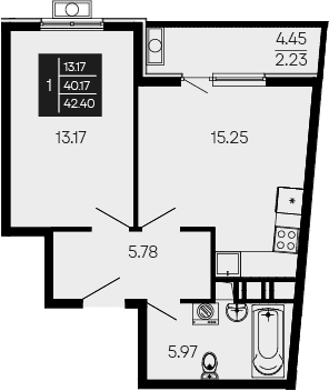 2-комн., 40.17 м²