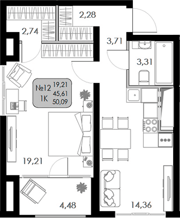 1-комн., 45.61 м²