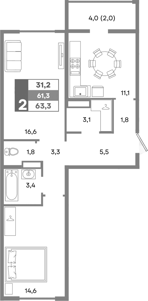 2-комн., 61.3 м²
