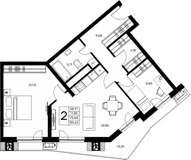 2-комн., 71.38 м²