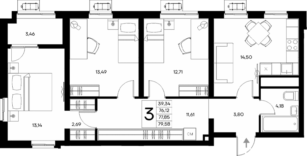 3-комн., 76.12 м²