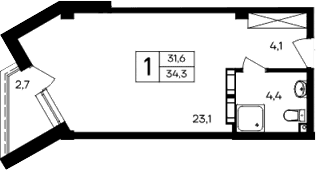 Студия, 31.6 м²