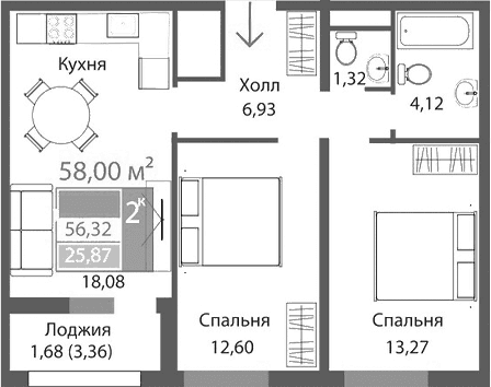 2-комн., 56.32 м²