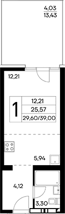 Студия, 34.97 м²