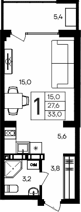 Студия, 27.6 м²