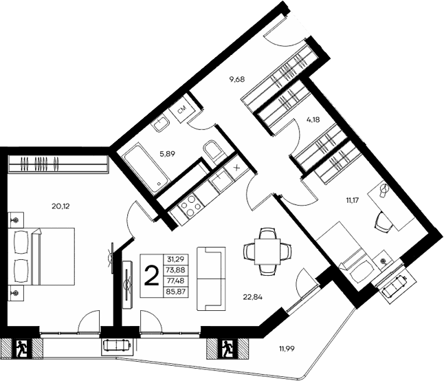 2-комн., 73.88 м²