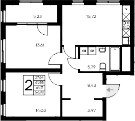 2-комн., 61.55 м²