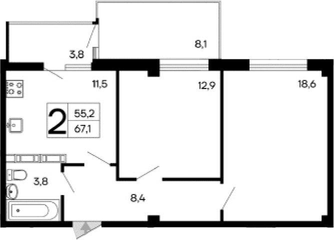 2-комн., 55.2 м²