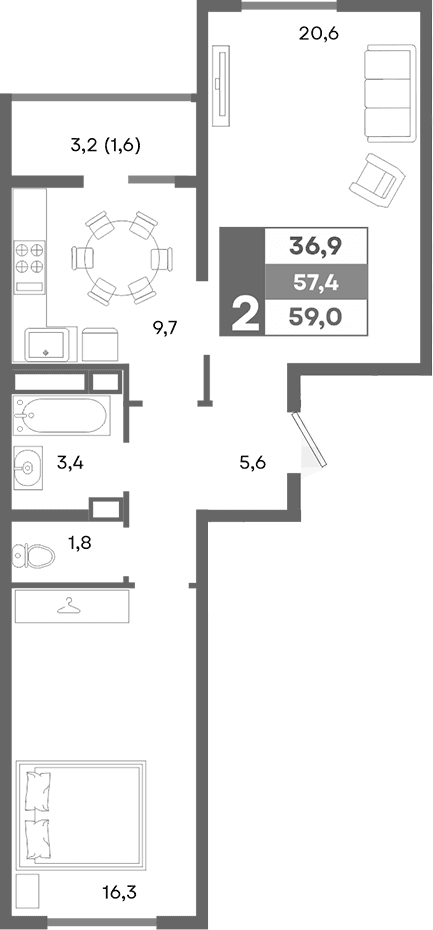 2-комн., 57.4 м²