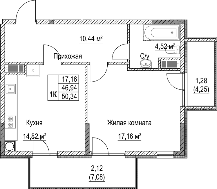 1-комн., 46.94 м²