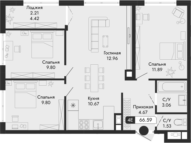 4-комн., 64.38 м²