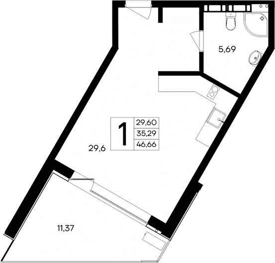 Студия, 35.29 м²