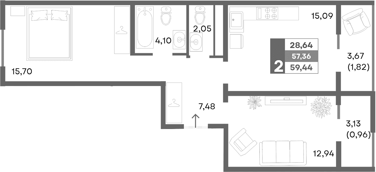 2-комн., 56.66 м²