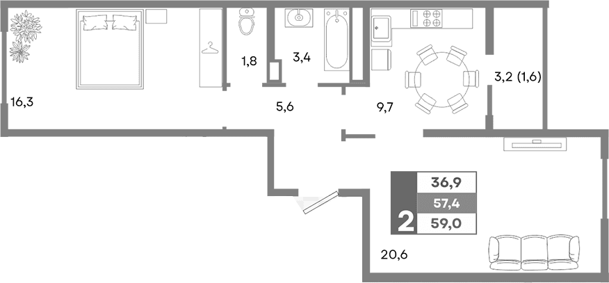 2-комн., 57.4 м²