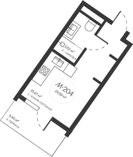 Студия, 19.29 м²