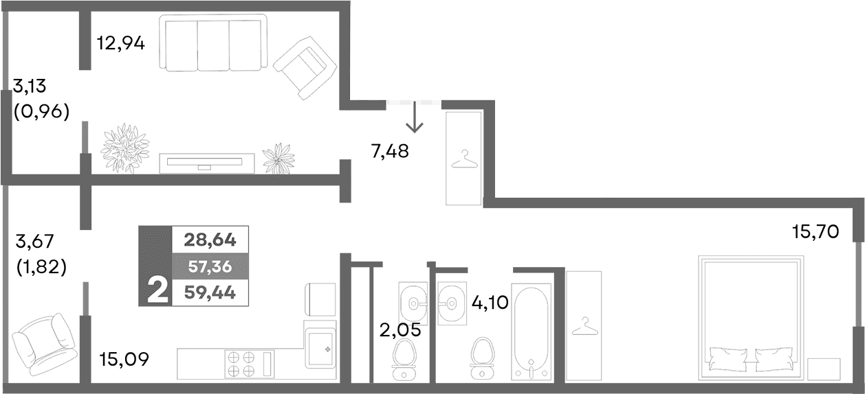 2-комн., 56.66 м²