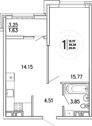 1-комн., 38.28 м²