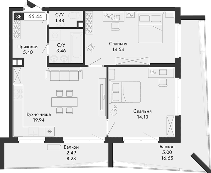 3-комн., 58.95 м²