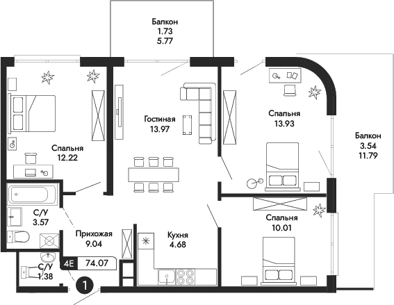 4-комн., 68.8 м²