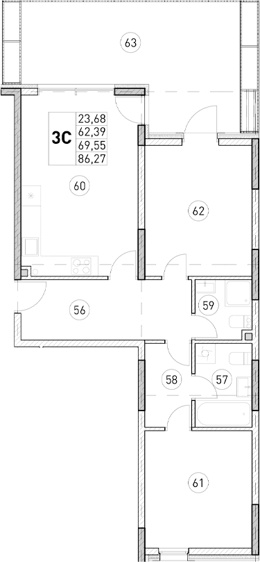 2-комн., 62.39 м²