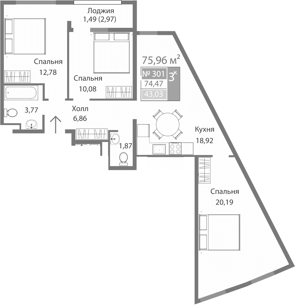 3-комн., 74.47 м²