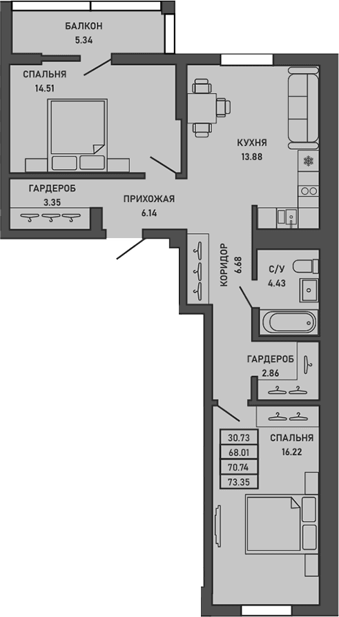 2-комн., 68.07 м²