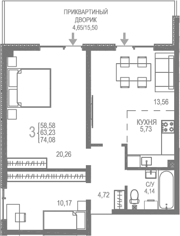 2-комн., 69.43 м²