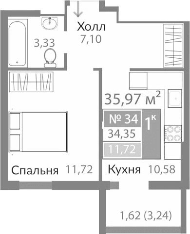 1-комн., 32.73 м²