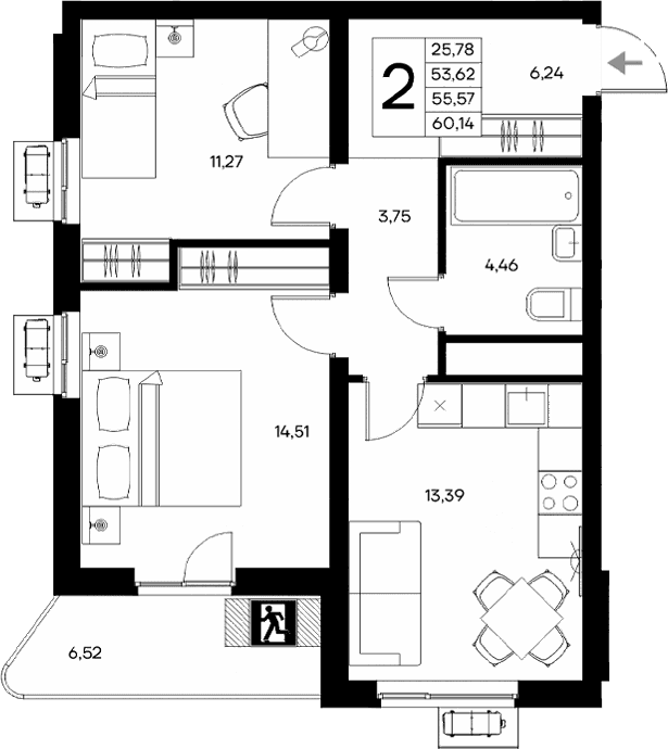 2-комн., 53.62 м²