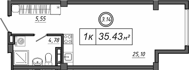 Студия, 35.43 м²