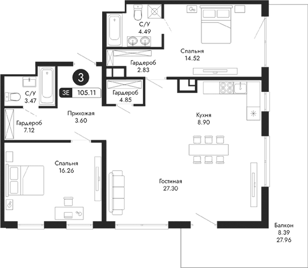 3-комн., 96.72 м²