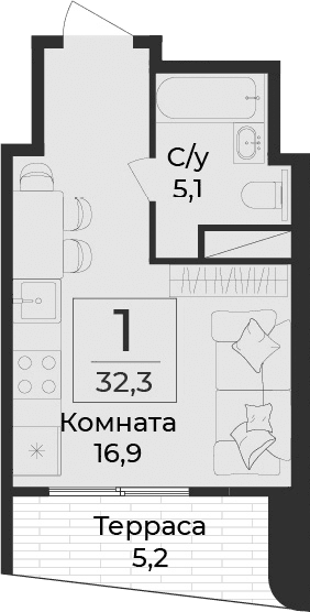 Студия, 27.1 м²
