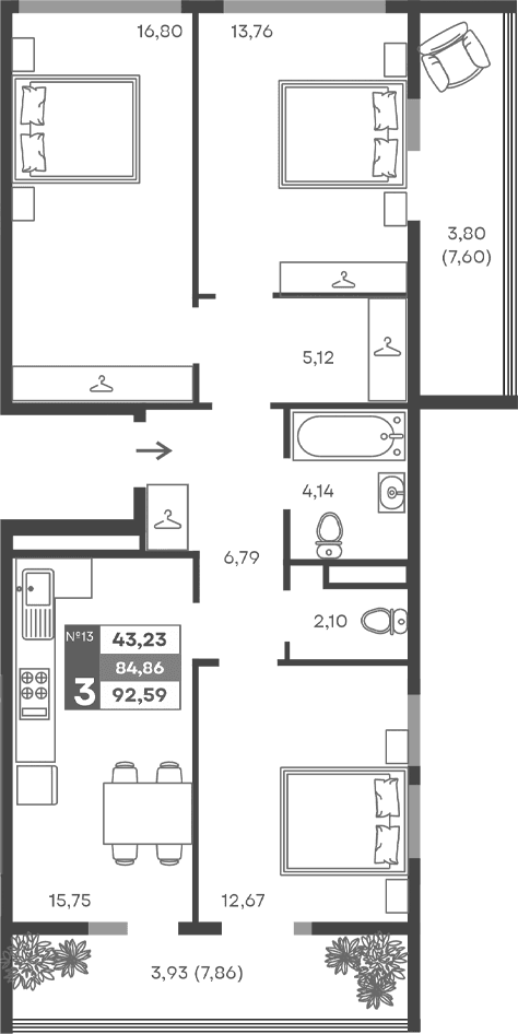 3-комн., 77.13 м²
