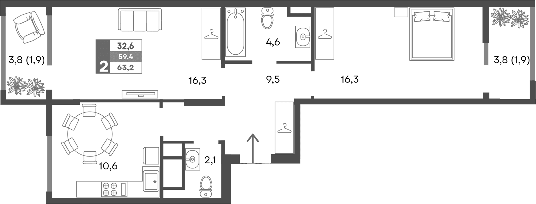 2-комн., 59.4 м²