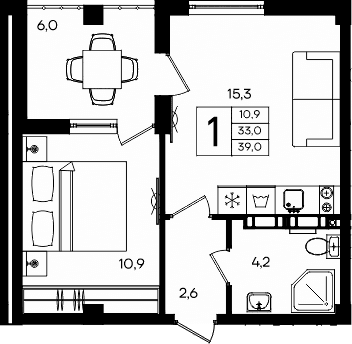 1-комн., 33 м²