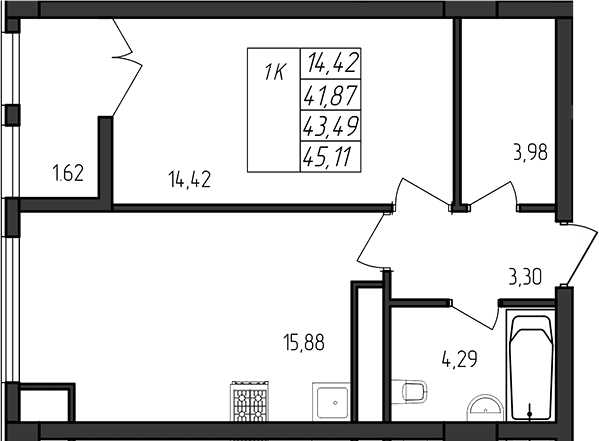1-комн., 41.87 м²