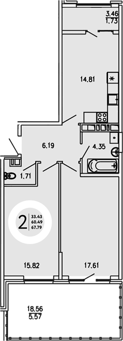 2-комн., 60.49 м²