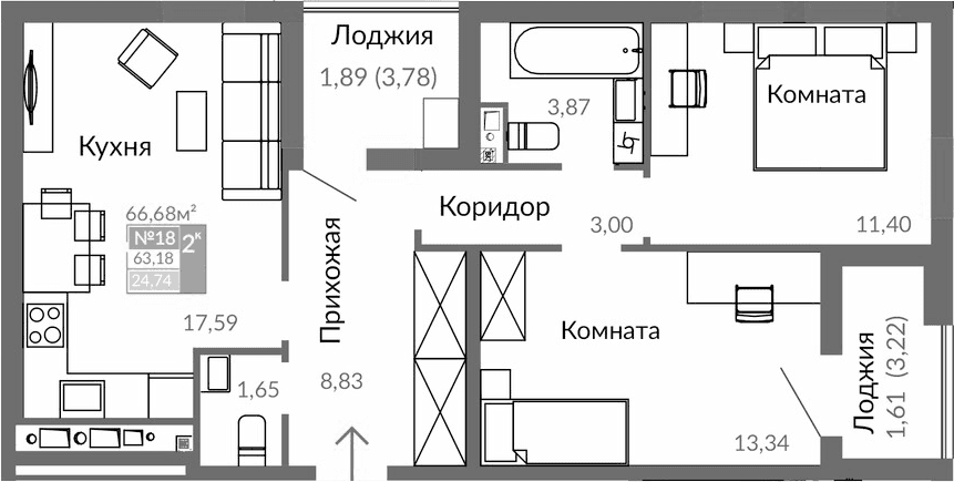 2-комн., 59.68 м²