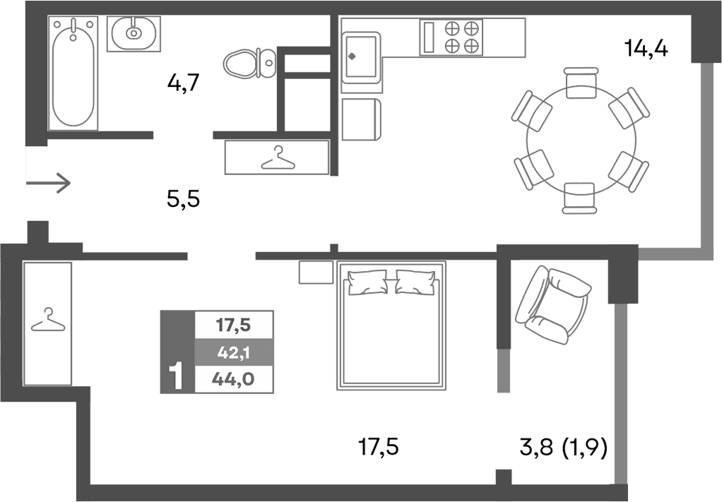 1-комн., 42.1 м²