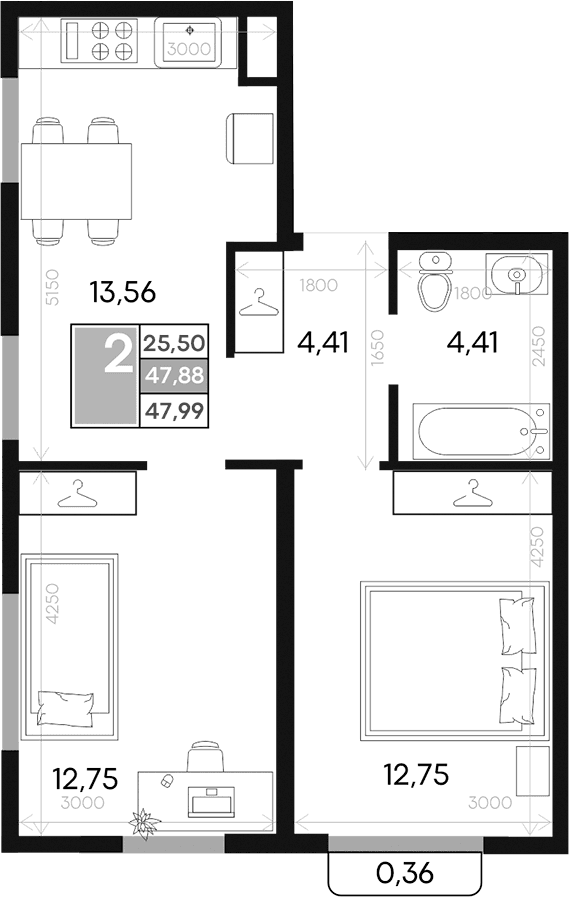 2-комн., 47.88 м²