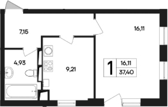 1-комн., 37.4 м²