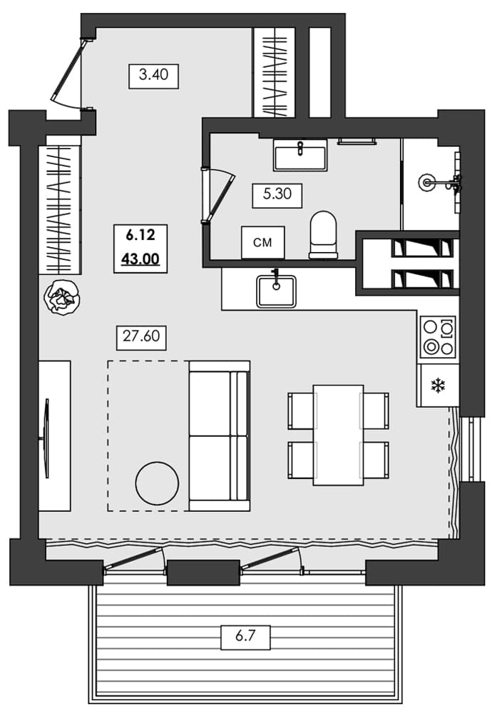Студия, 36.3 м²