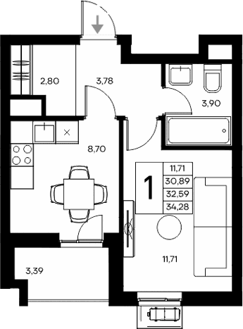 1-комн., 30.89 м²